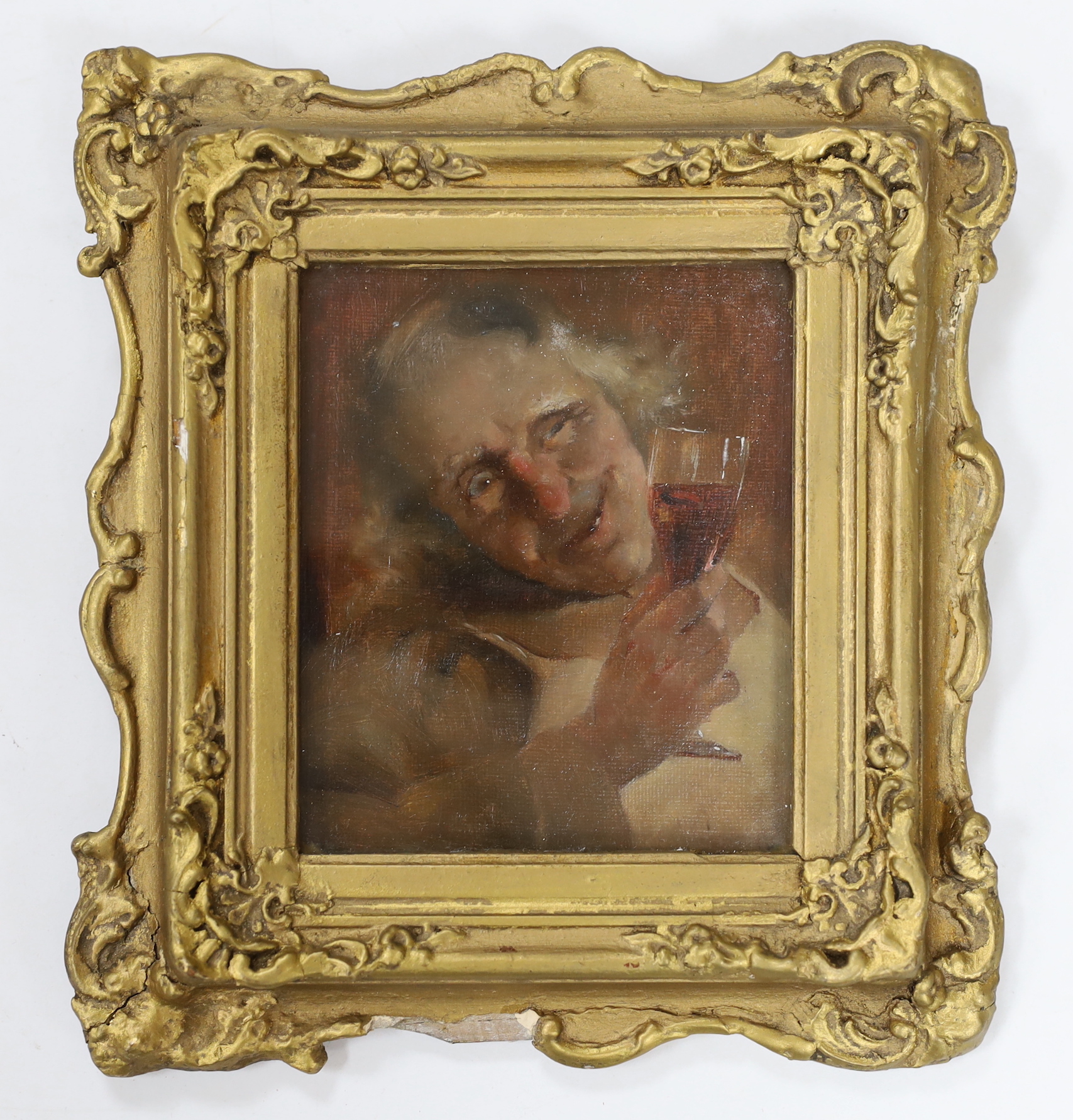 Charles Spencelayh RMS, HRBSA (British, 1865-1958), oil on canvas board, 'The Connoisseur', Exhibition label verso, 12 x 10cm
